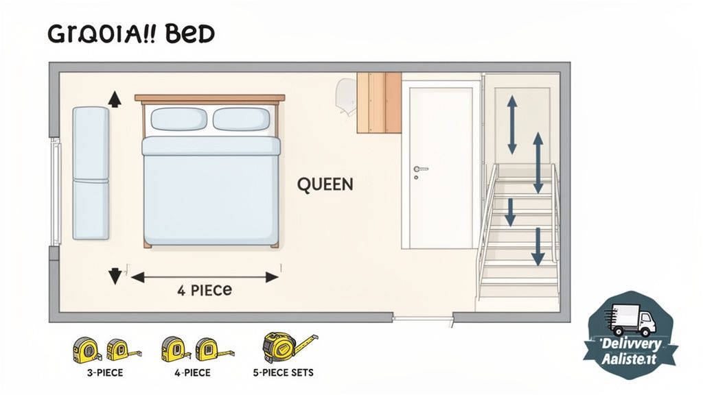 A detailed floor plan of a bedroom featuring a queen bed, wardrobe, and staircase.