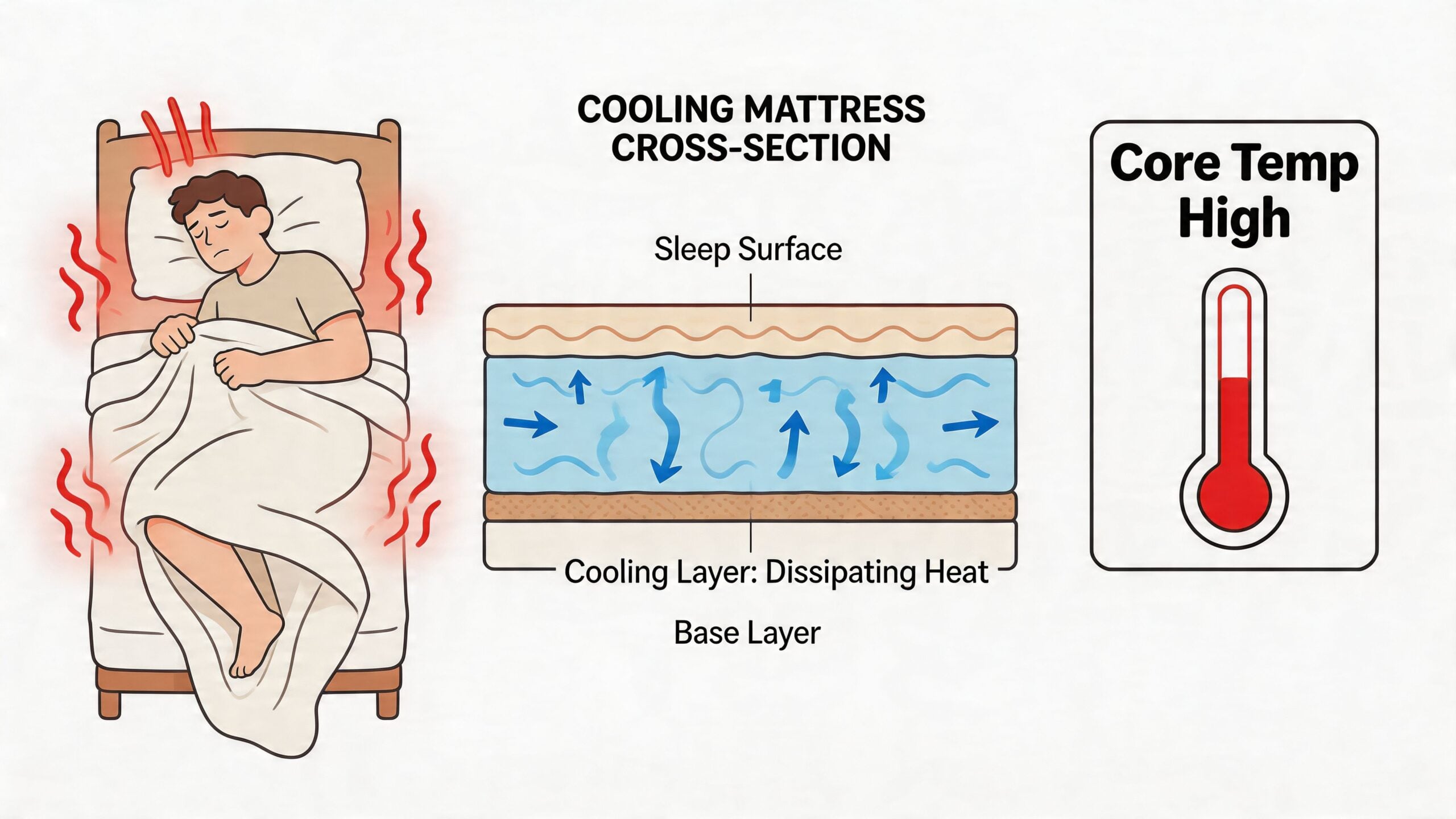 A diagram demonstrating how a cooling mattress dissipates heat for a person sleeping while feeling overheated.