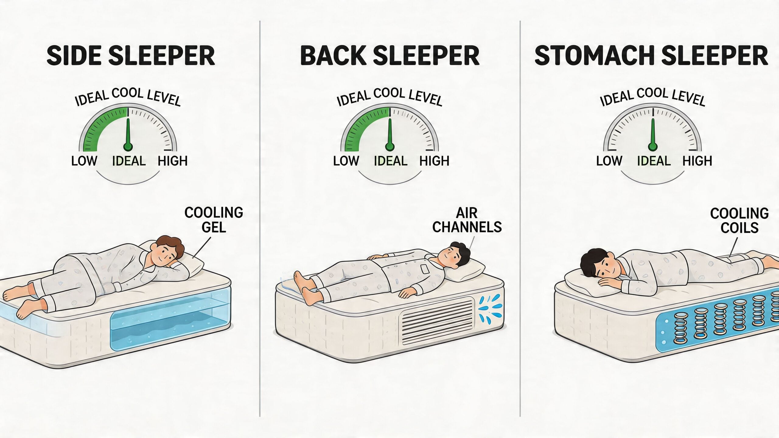 A diagram illustrating ideal mattress cooling features for side, back, and stomach sleepers with gel and coils.