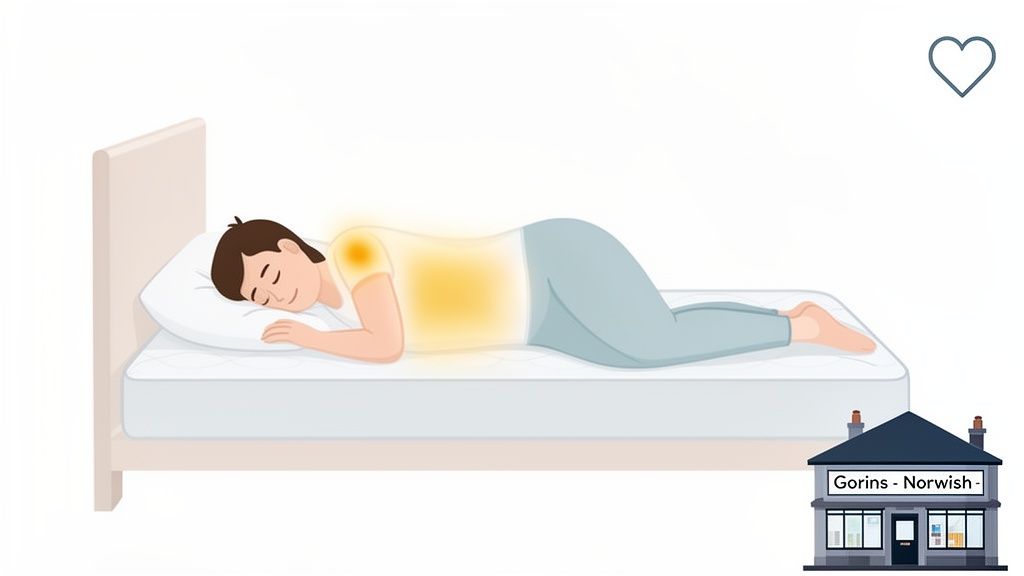 Illustration of a person sleeping on their side in bed, showing illuminated pressure points on their body.