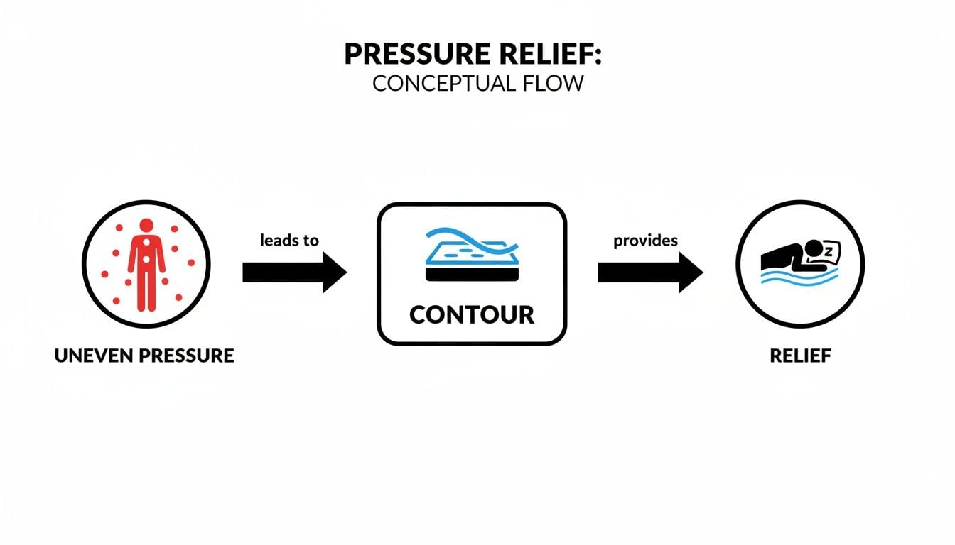 Conceptual flow diagram illustrating how uneven pressure leads to mattress contouring for pressure relief.