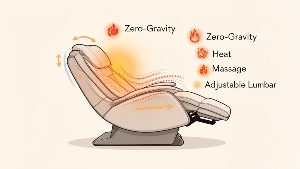 A detailed illustration of a reclining massage chair highlighting Zero-Gravity, heat, massage, and adjustable lumbar features.