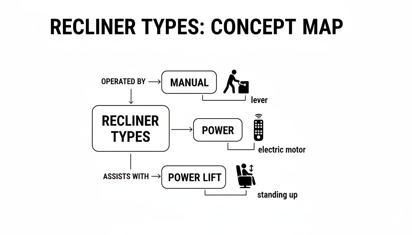 Concept map illustrating recliner types: Manual, Power, and Power Lift, with operation details.