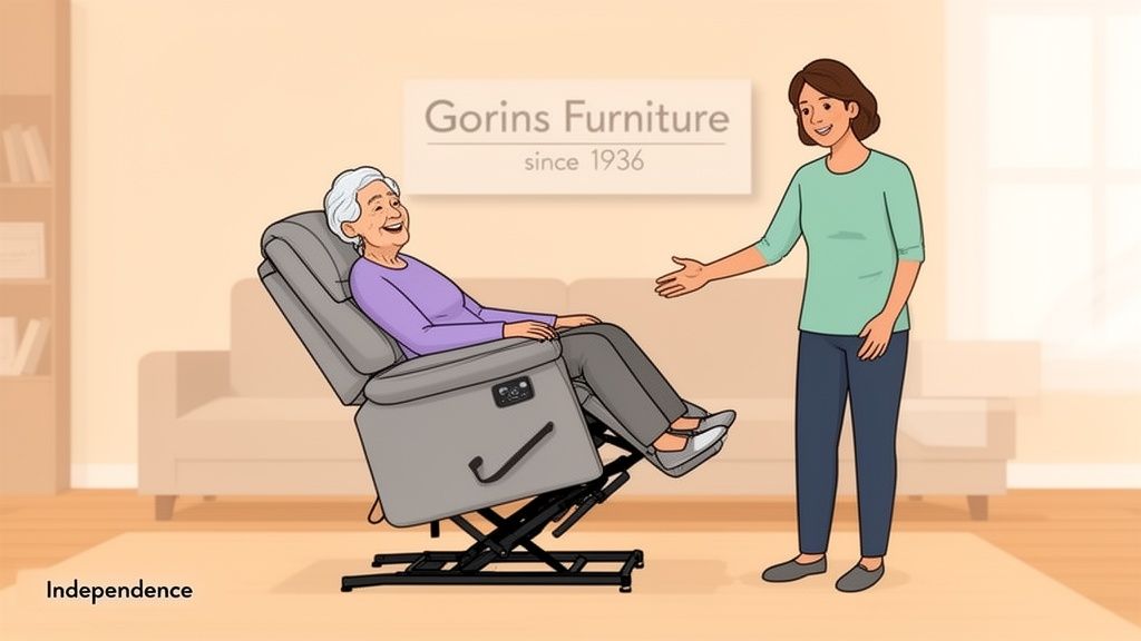 An elderly woman smiling in a gray lift recliner, while a younger woman extends a hand to her.