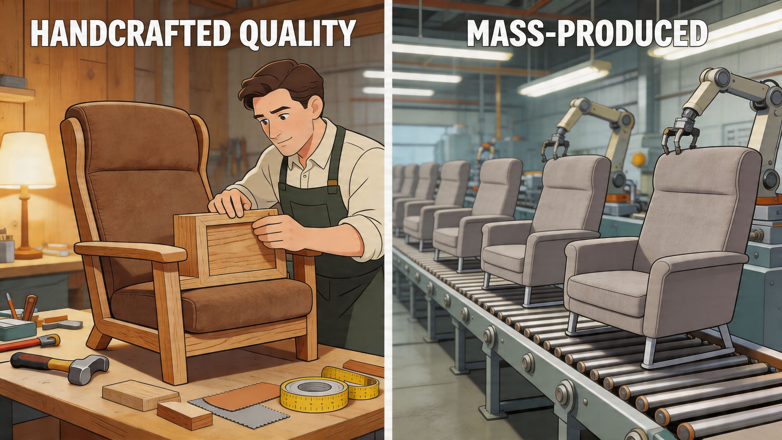 A comparison image showing a craftsman building a wooden chair versus robotic arms manufacturing chairs on a conveyor.