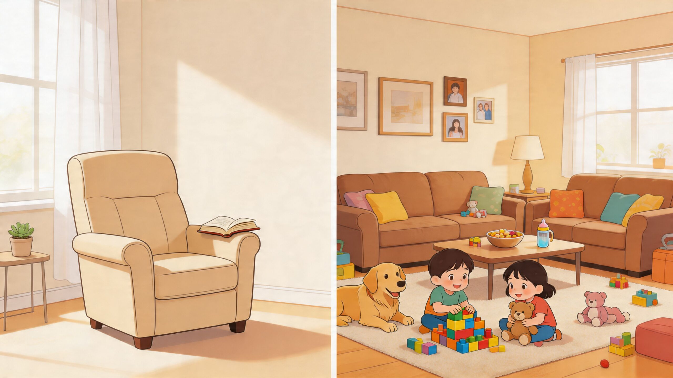 A split image showing a comfortable armchair in a quiet room and a cozy living room with children playing.