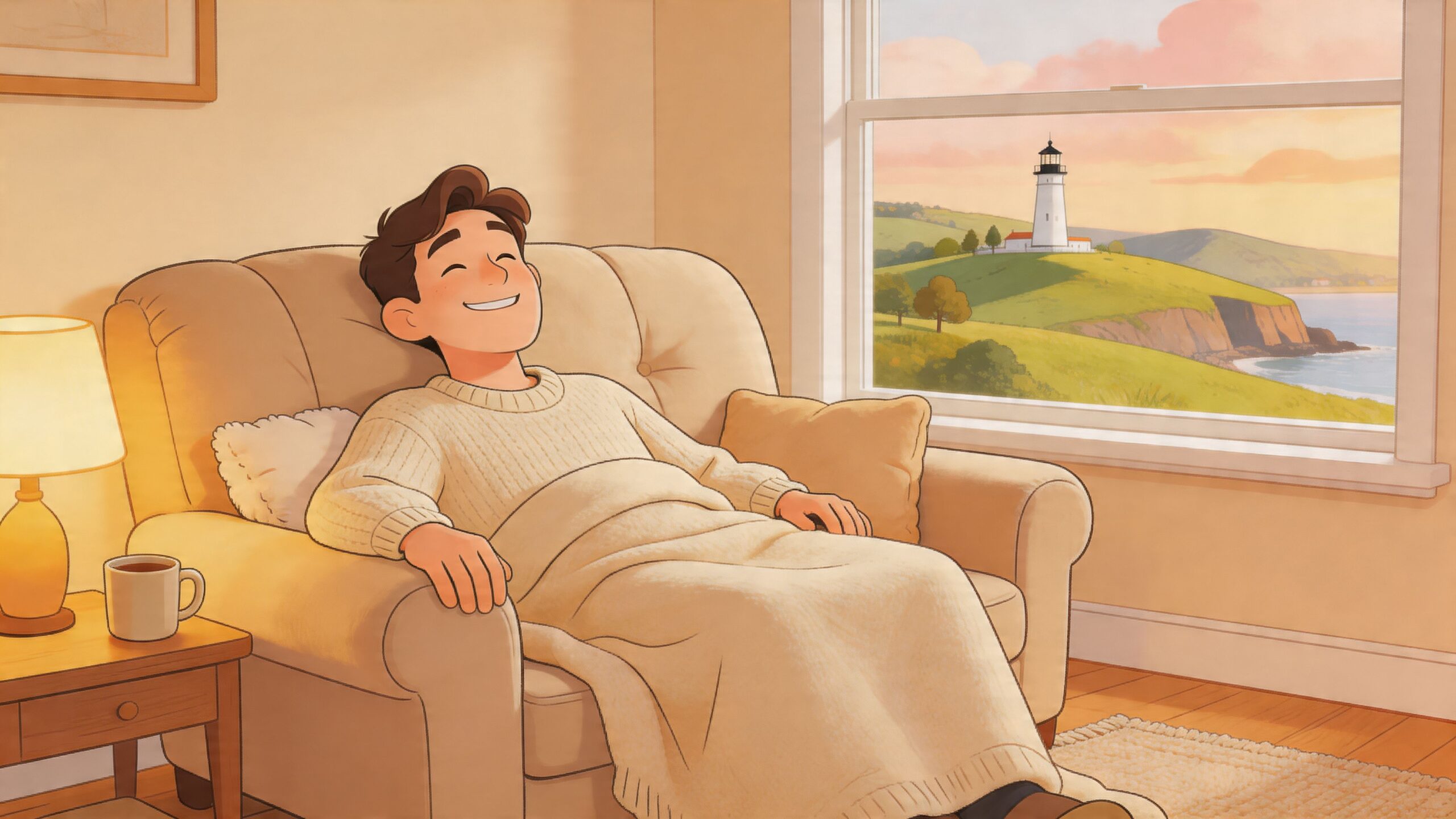 A happy man relaxing on a comfortable reclining sofa inside a cozy living room with a lighthouse view.