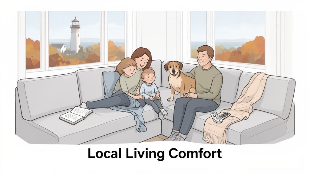 A happy family sits on a comfortable sectional sofa in a living room with a coastal view.