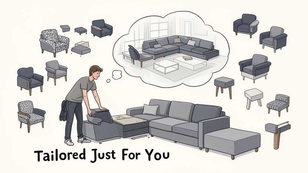 A man assembling a customizable sectional sofa with various modular seating options floating around him.