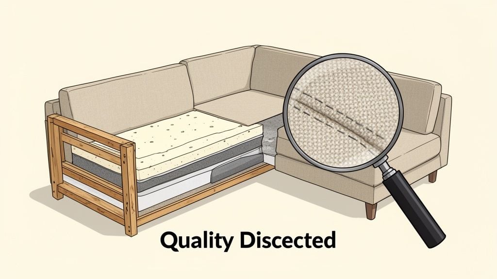 A sectional sofa with a cutaway view revealing interior foam layers and a magnified fabric stitching detail.