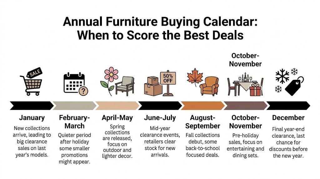A timeline graphic showing an annual furniture buying calendar with the best months for finding sales.