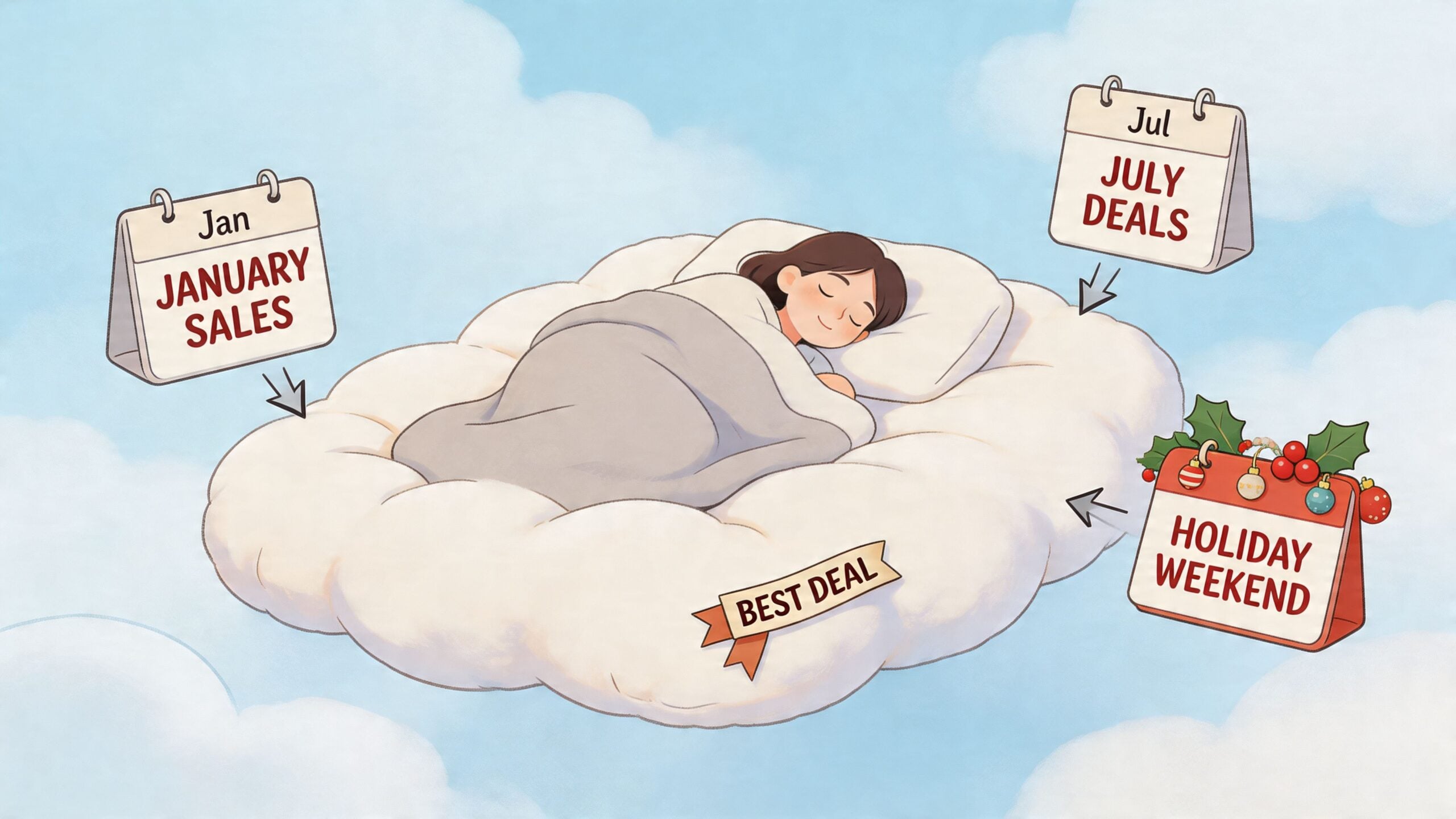 An illustration of a girl sleeping on a cloud, surrounded by calendar signs showing sales events throughout the year.