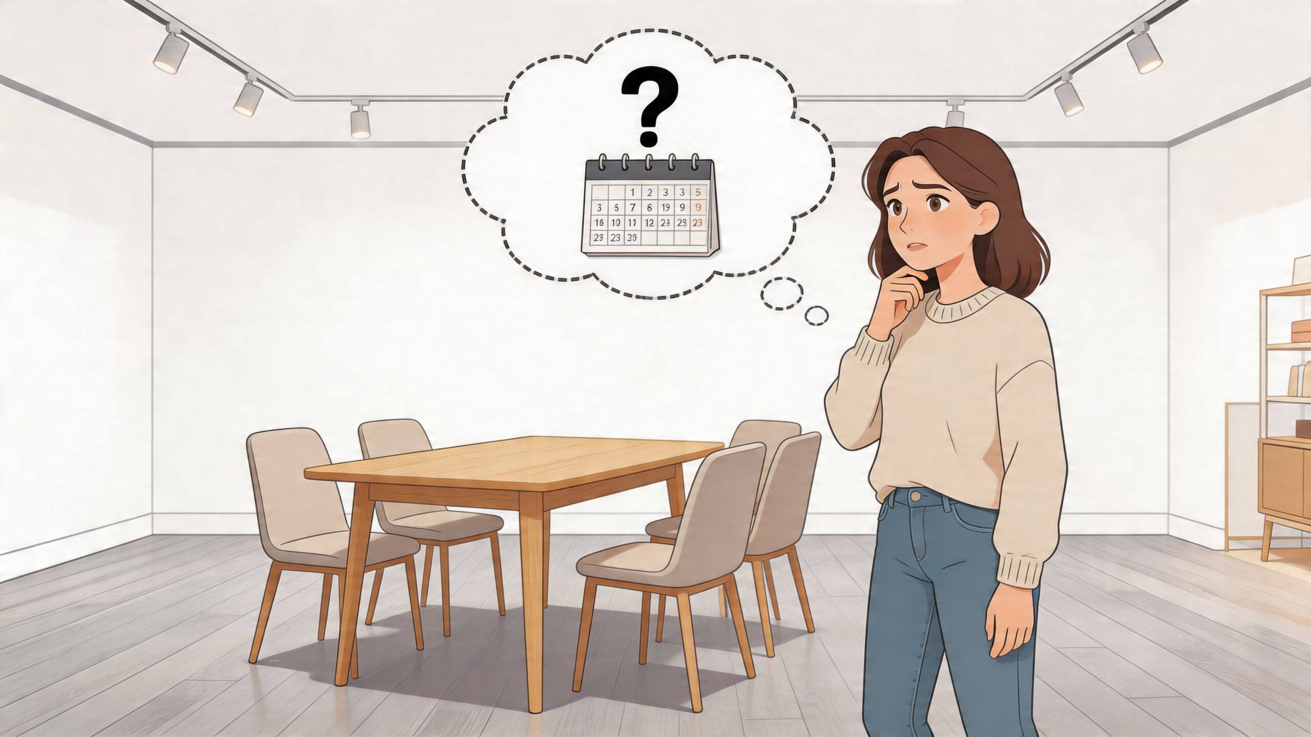 A thoughtful young woman stands in a bright room wondering about the best time to buy furniture.