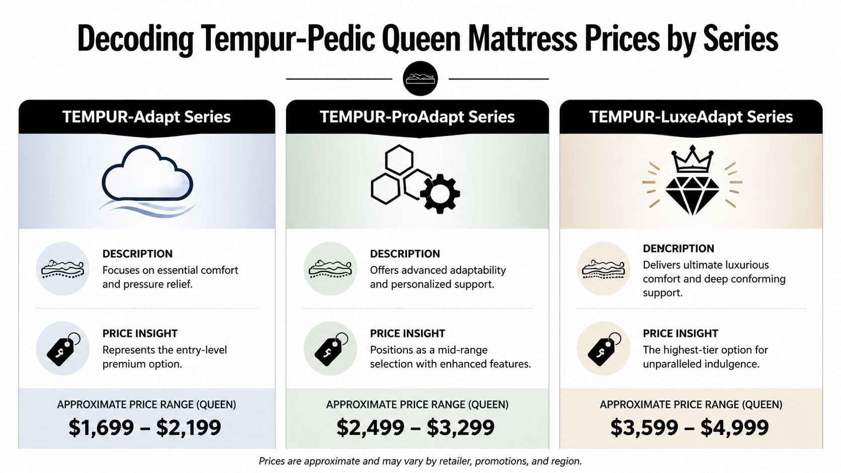 A comparison chart showing the approximate price ranges for three different Tempur-Pedic queen mattress series.