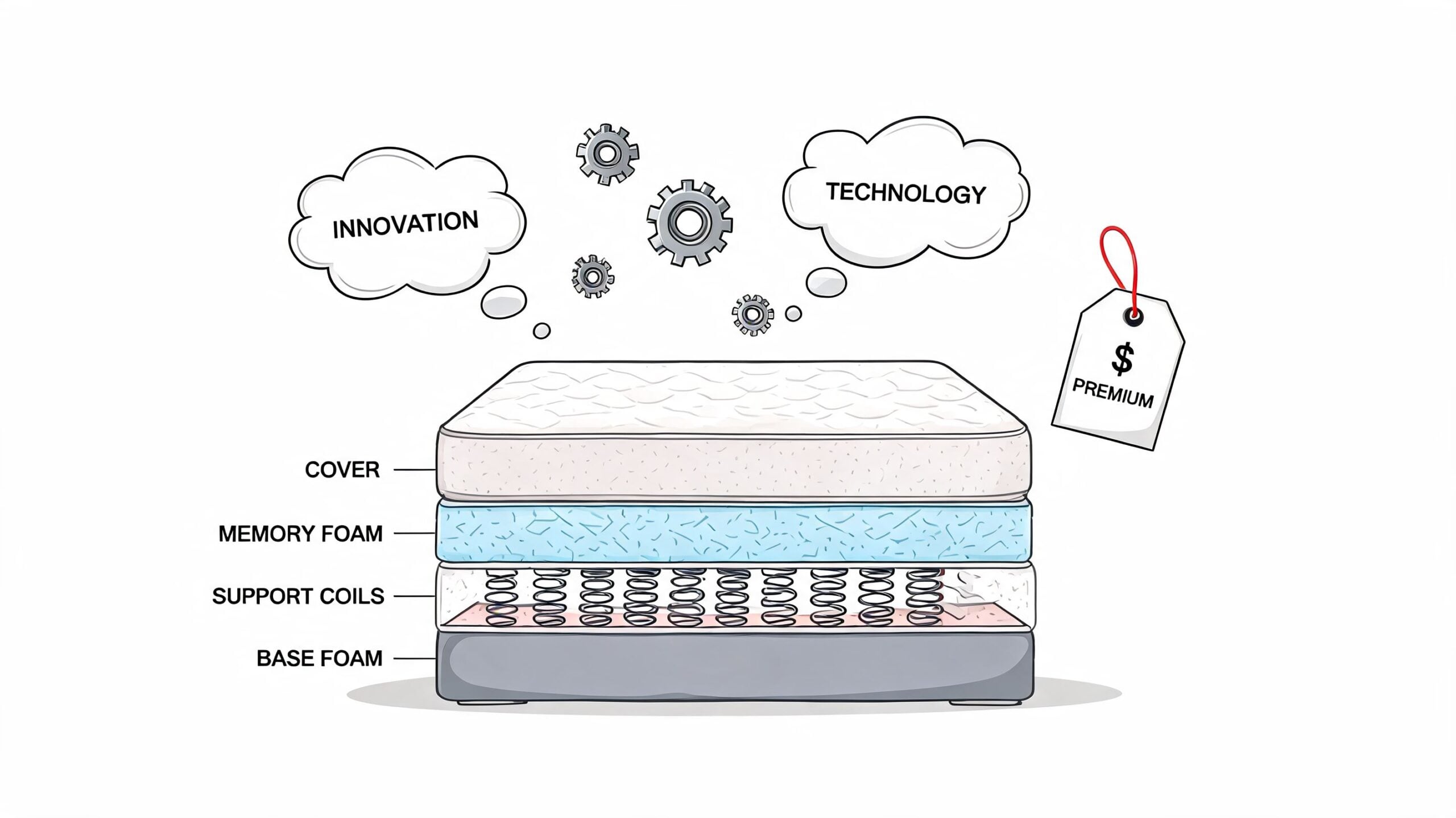 A diagram illustrating the layers of a premium mattress including cover, memory foam, coils, and base foam.