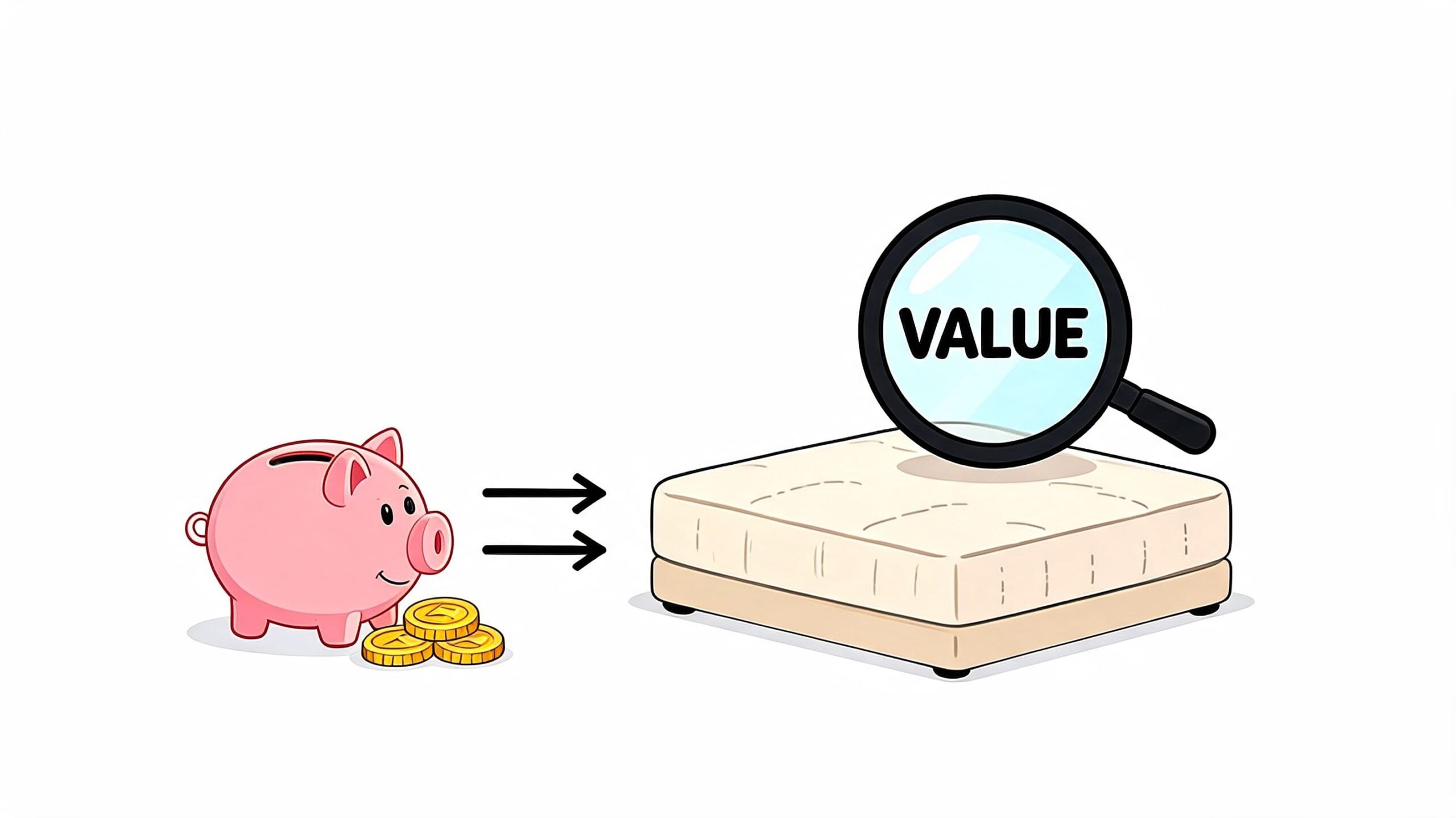 A piggy bank with coins next to it looking towards a mattress with a magnifying glass.