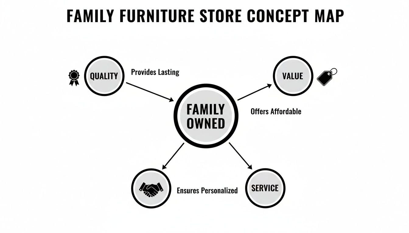 A concept map illustrating how a family-owned furniture store provides quality, value, and personalized service.