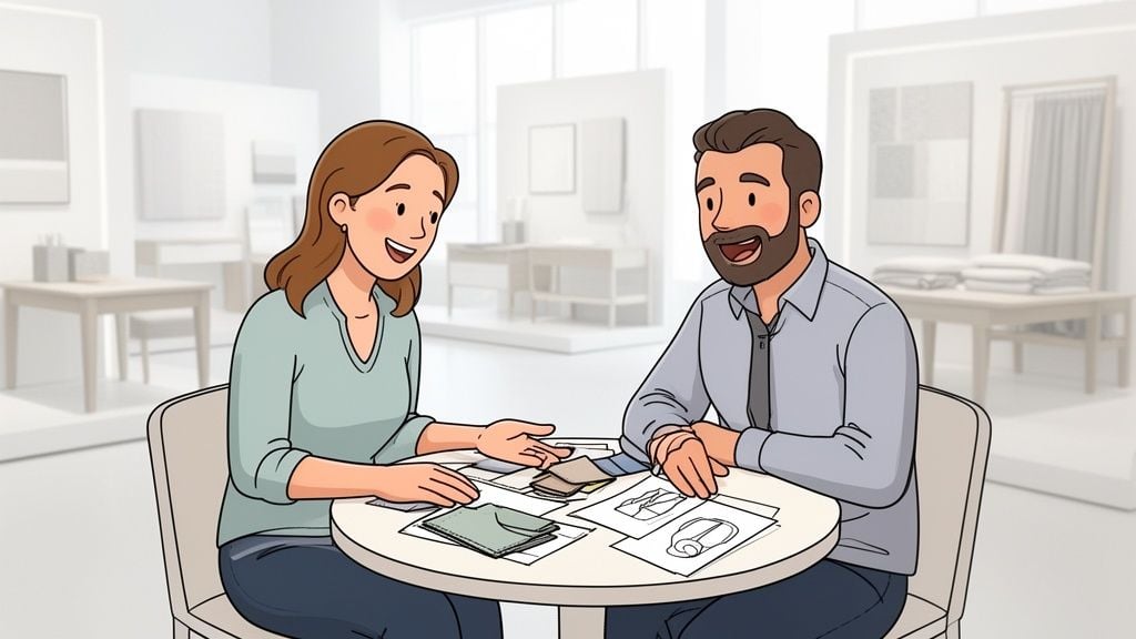 A happy man and woman collaborate on design, reviewing fabric samples and sketches in a furniture showroom.