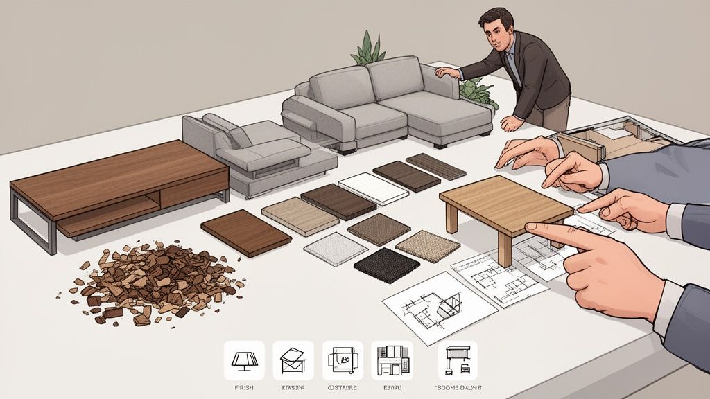 People discussing interior design, choosing furniture and materials from samples and blueprints on a table.