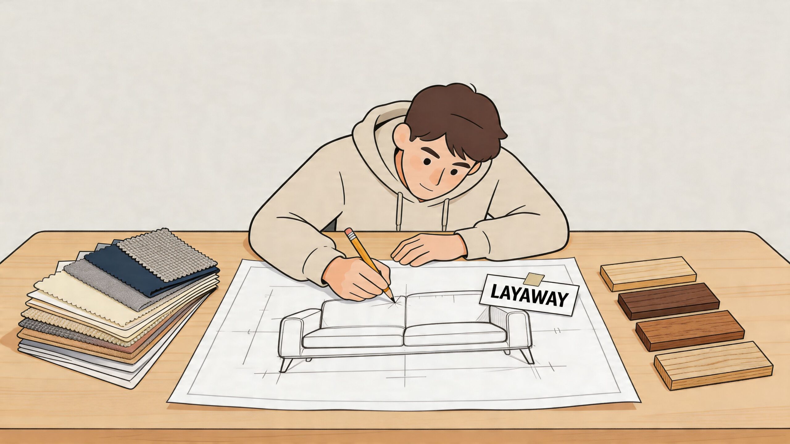 A young furniture designer sketching a sofa blueprint on a desk with fabric swatches and wood samples.