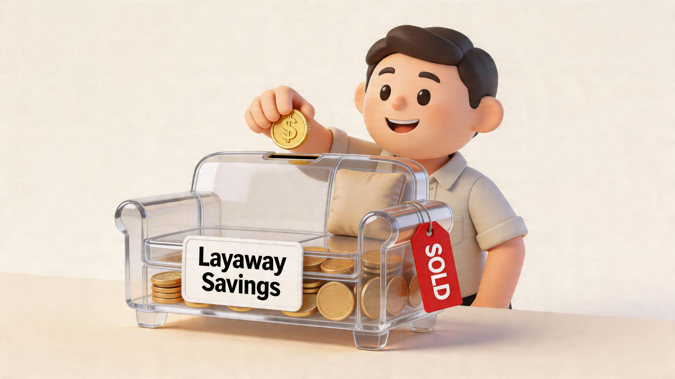 A 3D character placing a coin into a transparent couch-shaped piggy bank for layaway savings.