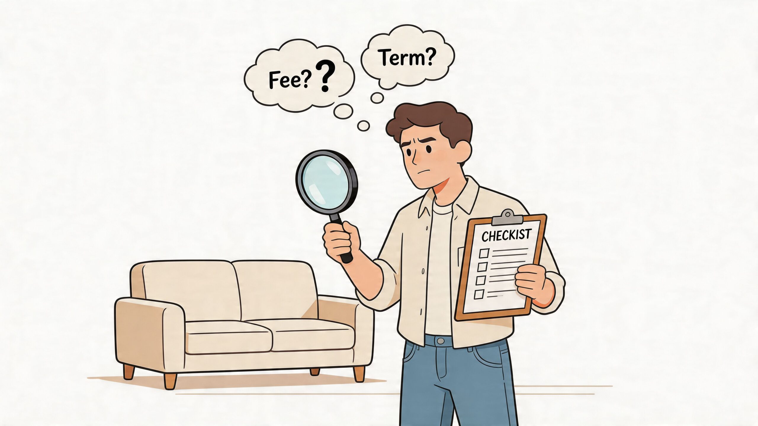 A man holding a magnifying glass and a checklist looking at a furniture store sofa choice.