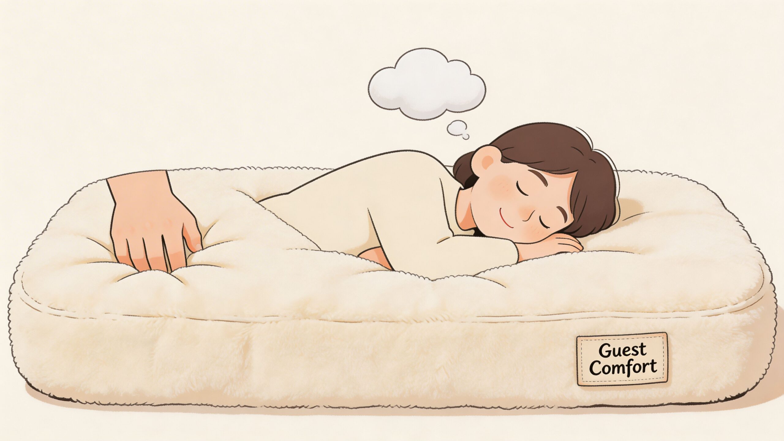 An illustration of a person sleeping comfortably on a soft, plush white pet-style guest bed.