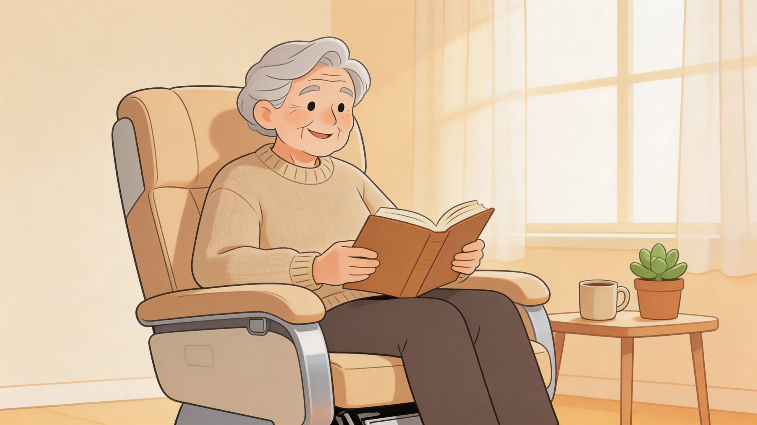 An elderly person with gray hair comfortably sitting in a beige lift chair reading a book.