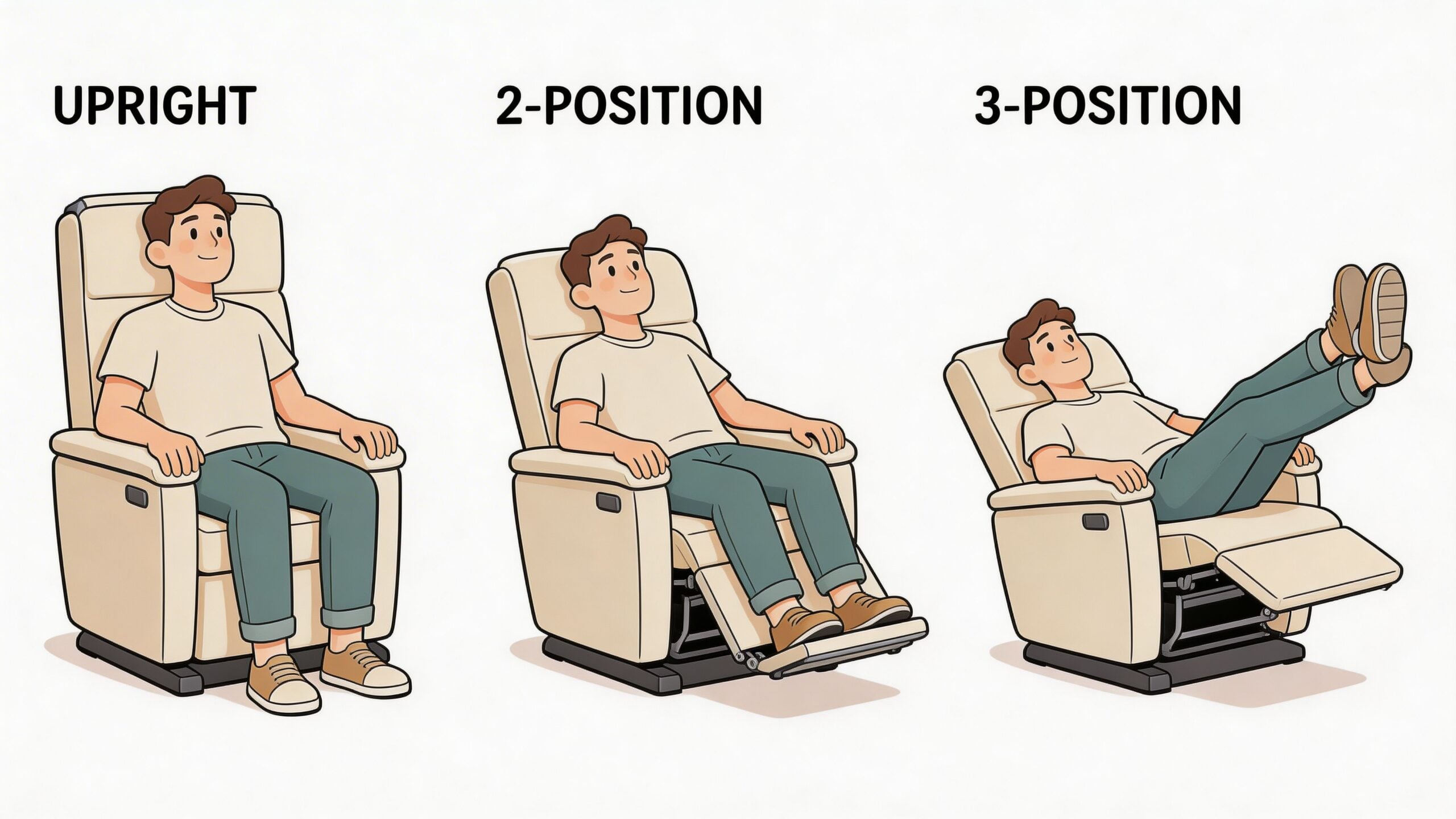 A diagram illustrating a man sitting in a lift chair set to upright, 2-position, and 3-position reclined modes.