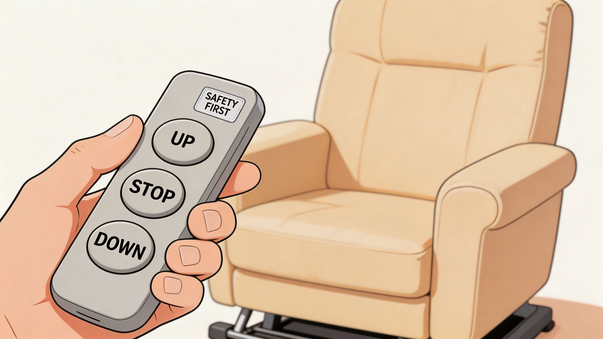 A hand holding a remote control for a powered lift chair designed for elderly mobility support.