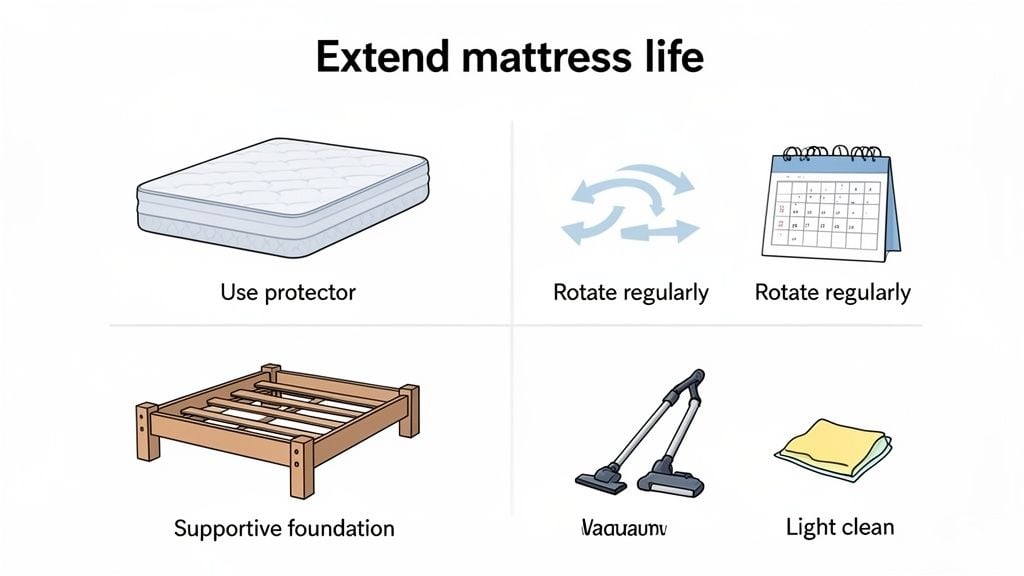 Infographic outlining six tips to extend mattress life: use protector, rotate regularly, supportive foundation, vacuum, and light clean.