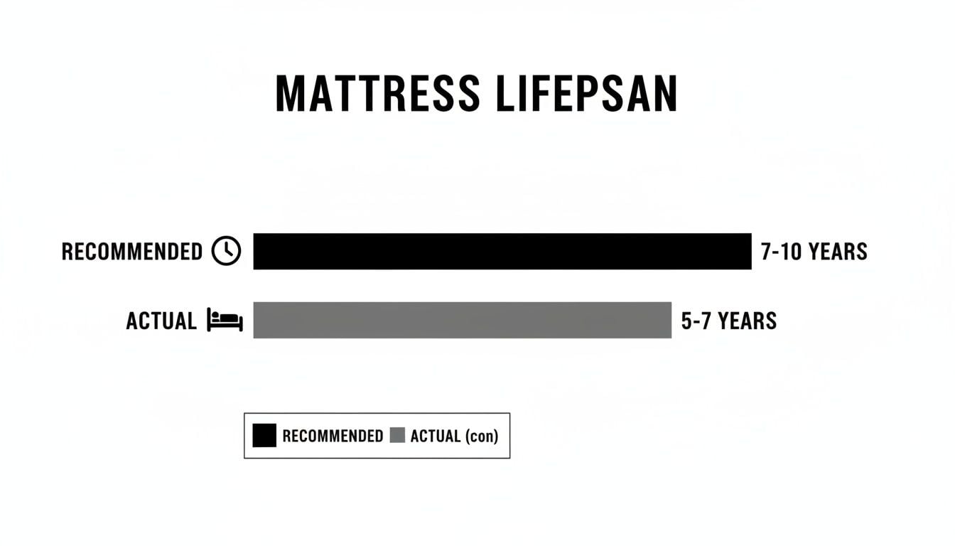 Bar chart comparing recommended mattress lifespan of 7-10 years versus actual consumer lifespan of 5-7 years.