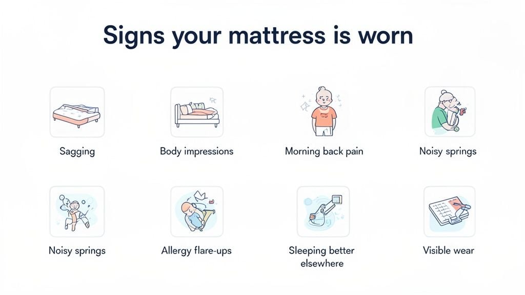 Eight illustrated signs indicating a mattress is worn, including sagging, body impressions, and back pain.