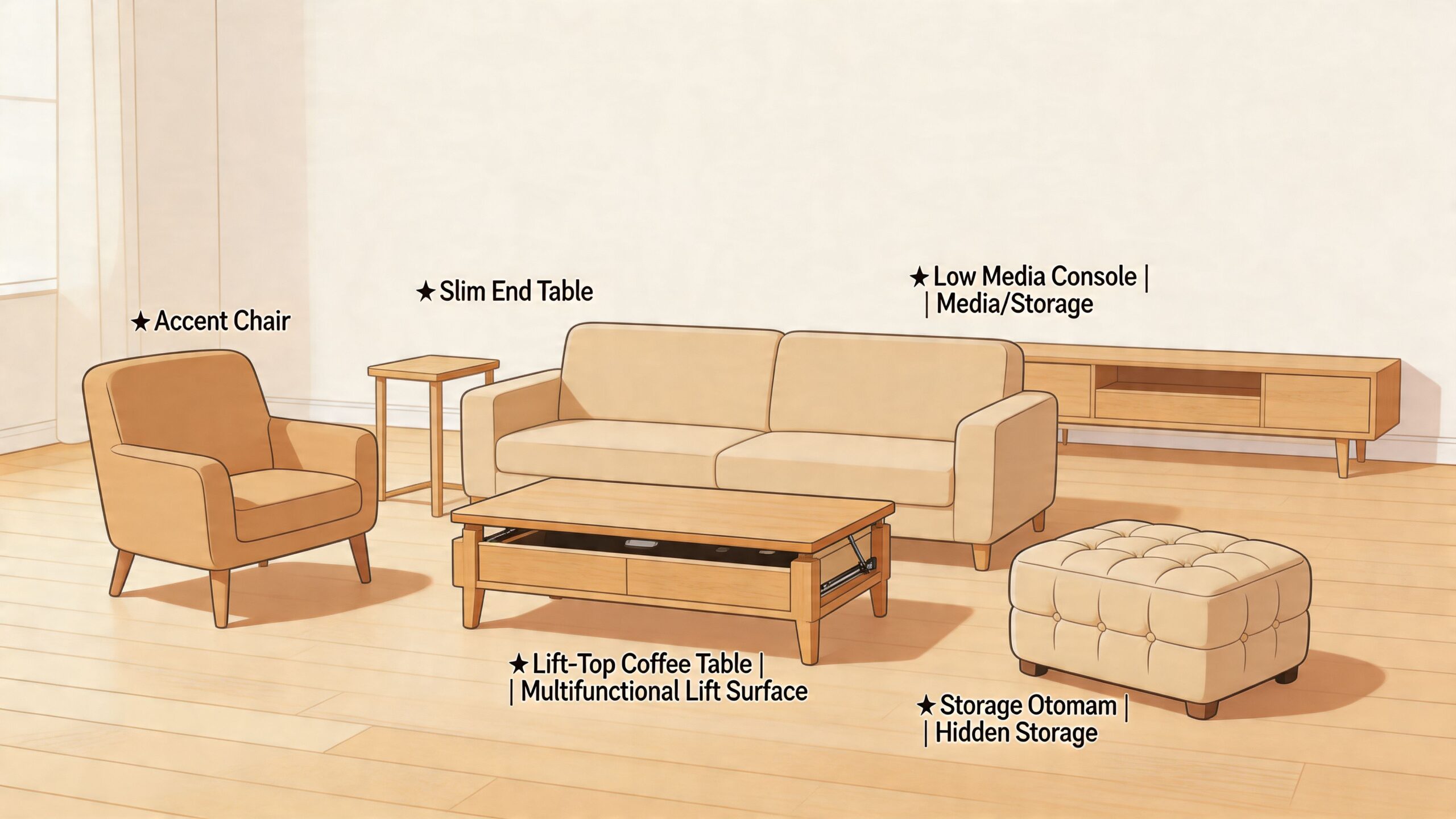 A modern living room furniture set featuring a sofa, accent chair, coffee table, end table, and storage ottoman.