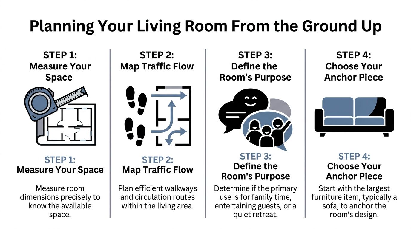A four-step infographic illustrating how to plan your living room furniture layout effectively and efficiently.