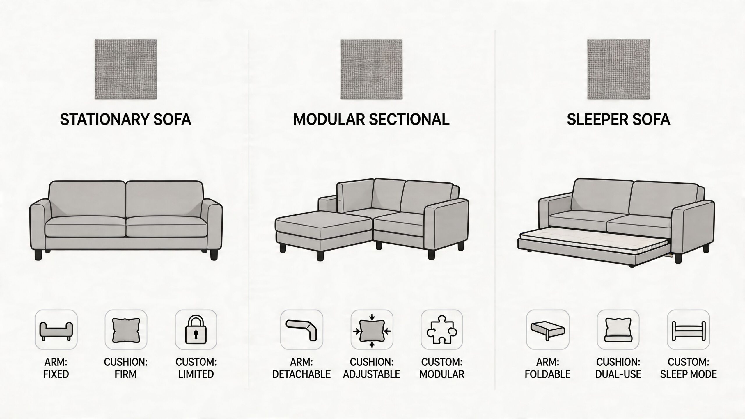 A comparison guide showing different sofa types including stationary, modular, and sleeper configurations for living rooms.