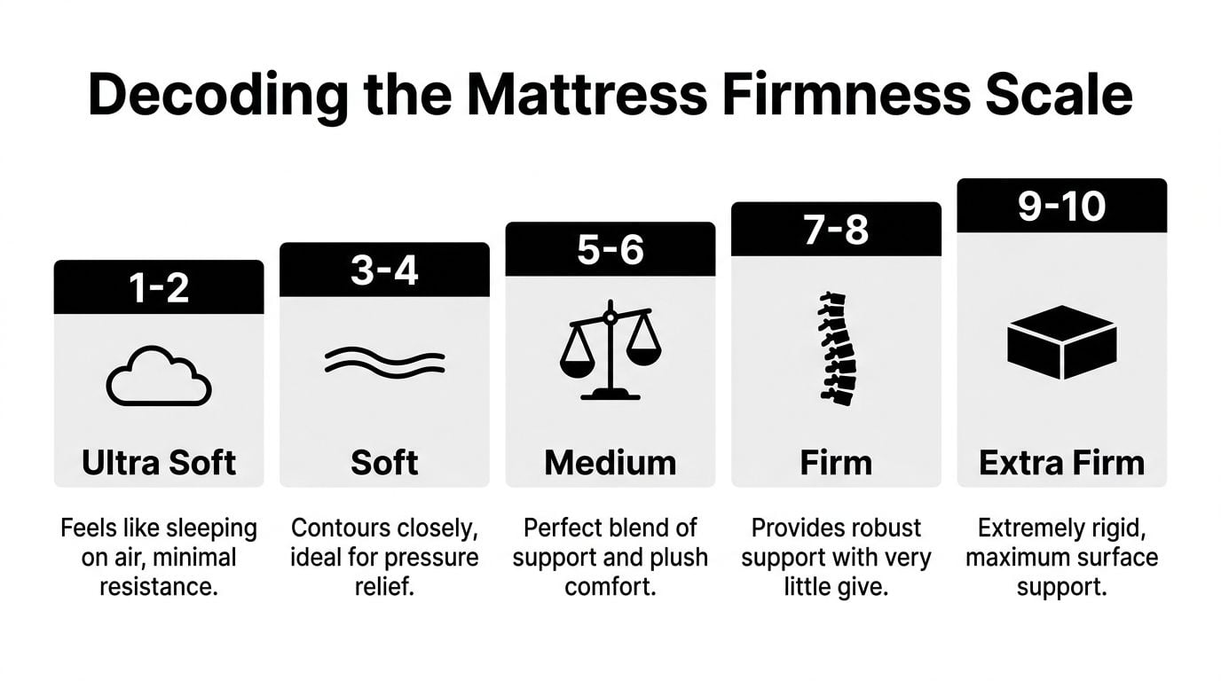 A mattress firmness scale infographic showing levels from ultra soft to extra firm with descriptions.