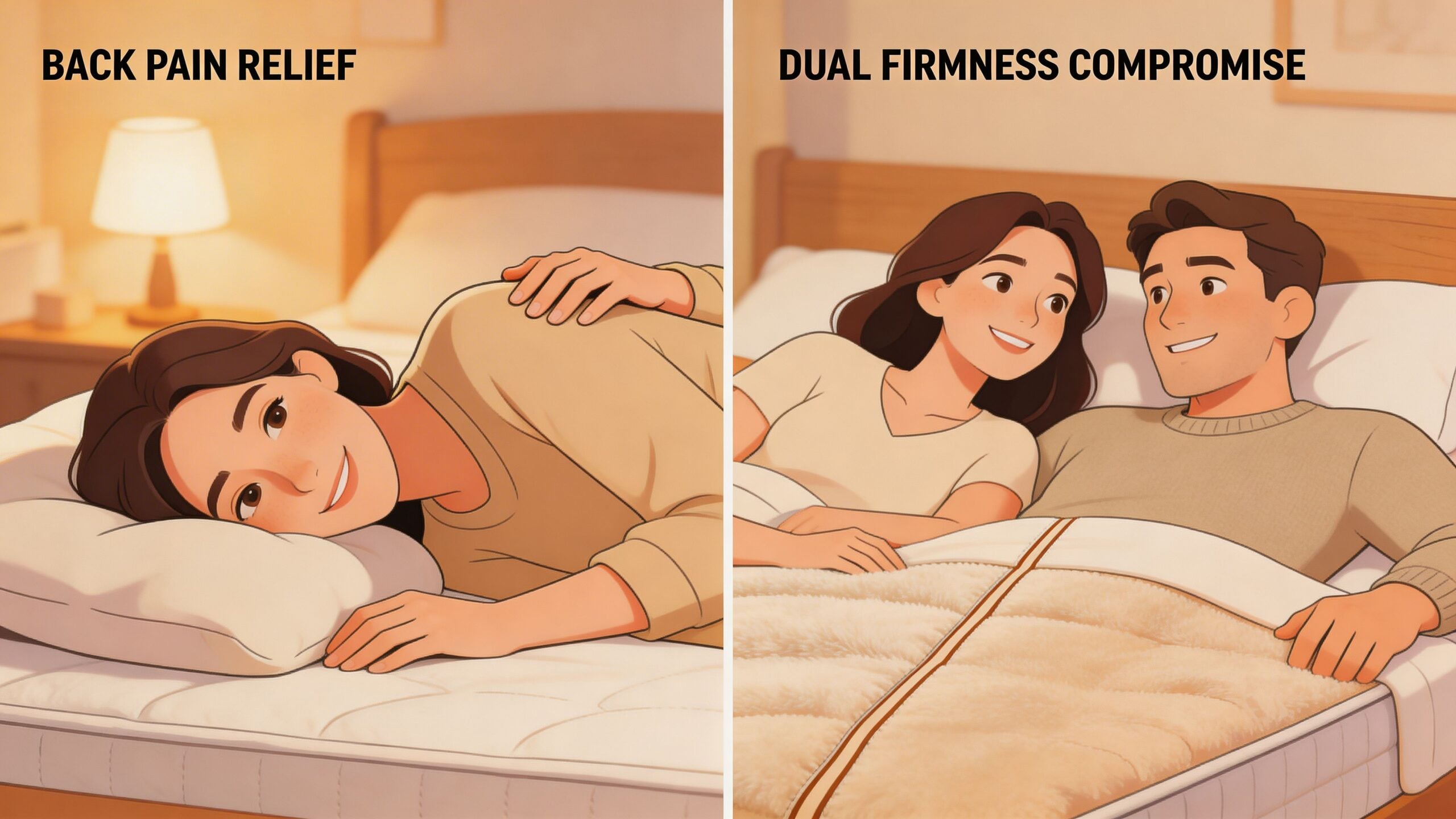 A split image showing a woman resting comfortably on a mattress for back pain relief and a couple sharing a dual firmness bed.