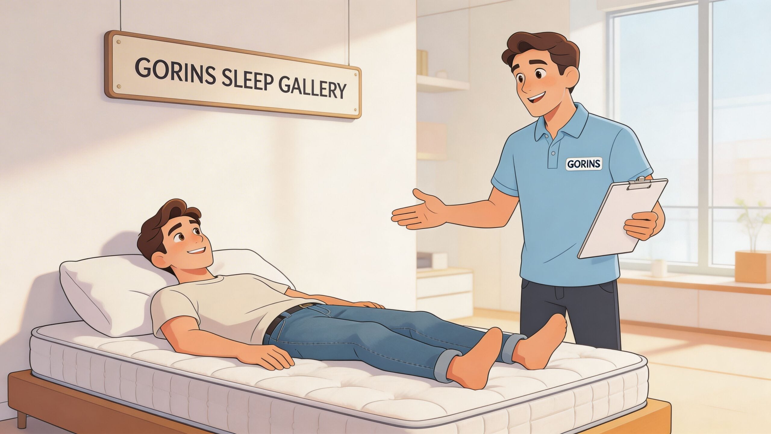 A friendly mattress store employee assists a customer who is testing a comfortable bed at a showroom.