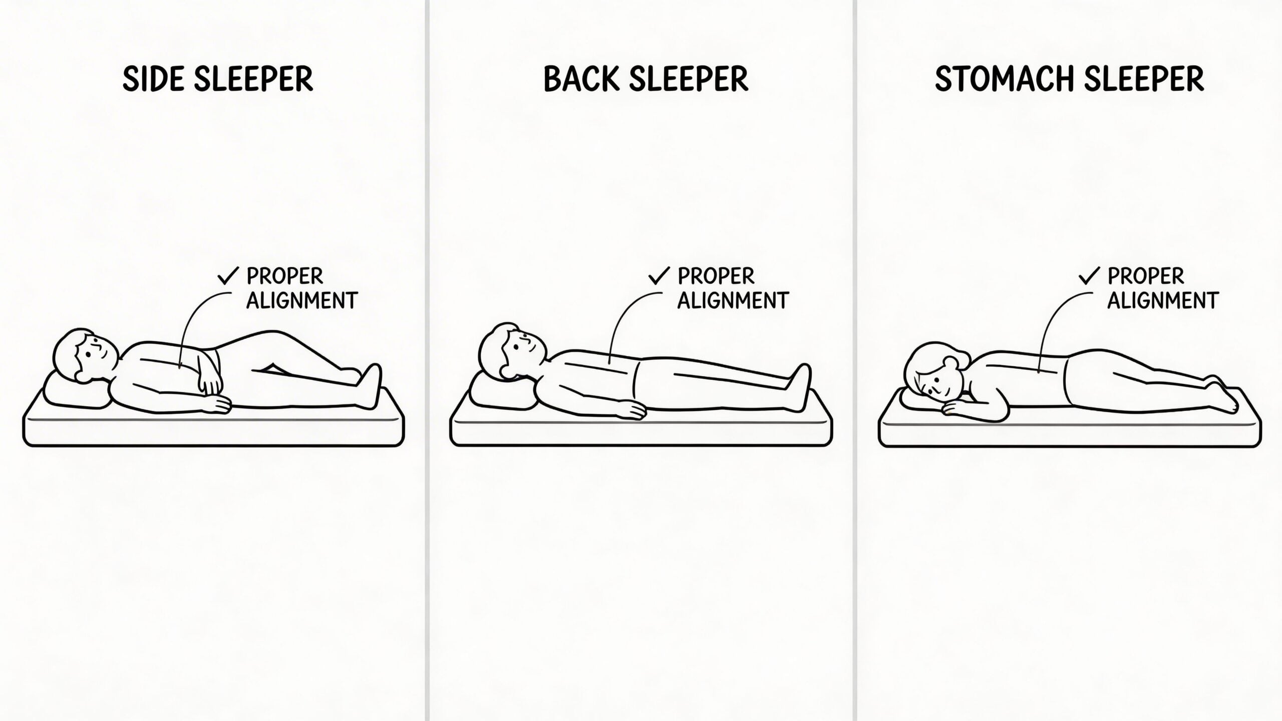 Line art illustration showing side, back, and stomach sleeping positions with proper spinal alignment on a mattress.