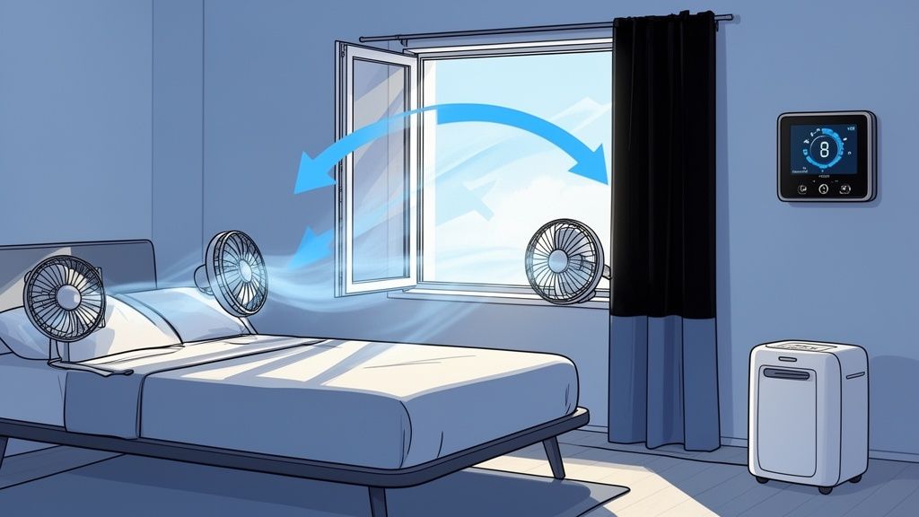 Three fans and an open window provide cross-ventilation in a bedroom for a cooler sleep.