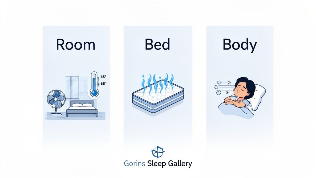 Three panels show optimal room temperature (65°F), a cooling mattress, and a person sleeping comfortably for better sleep.