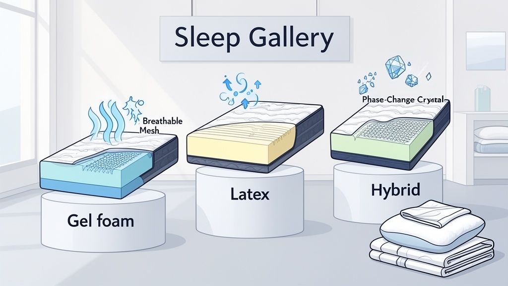 Illustration of Gel foam, Latex, and Hybrid mattresses showcasing breathable mesh, airflow, and phase-change crystals.