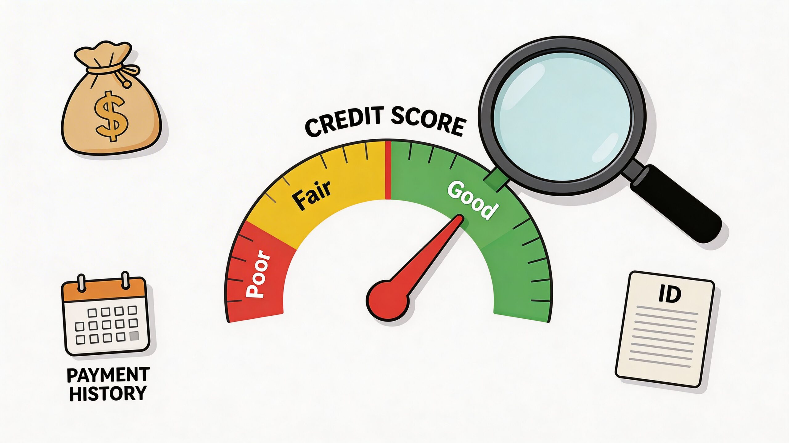 A credit score gauge showing a reading in the good range with icons for money, calendar, and identification.