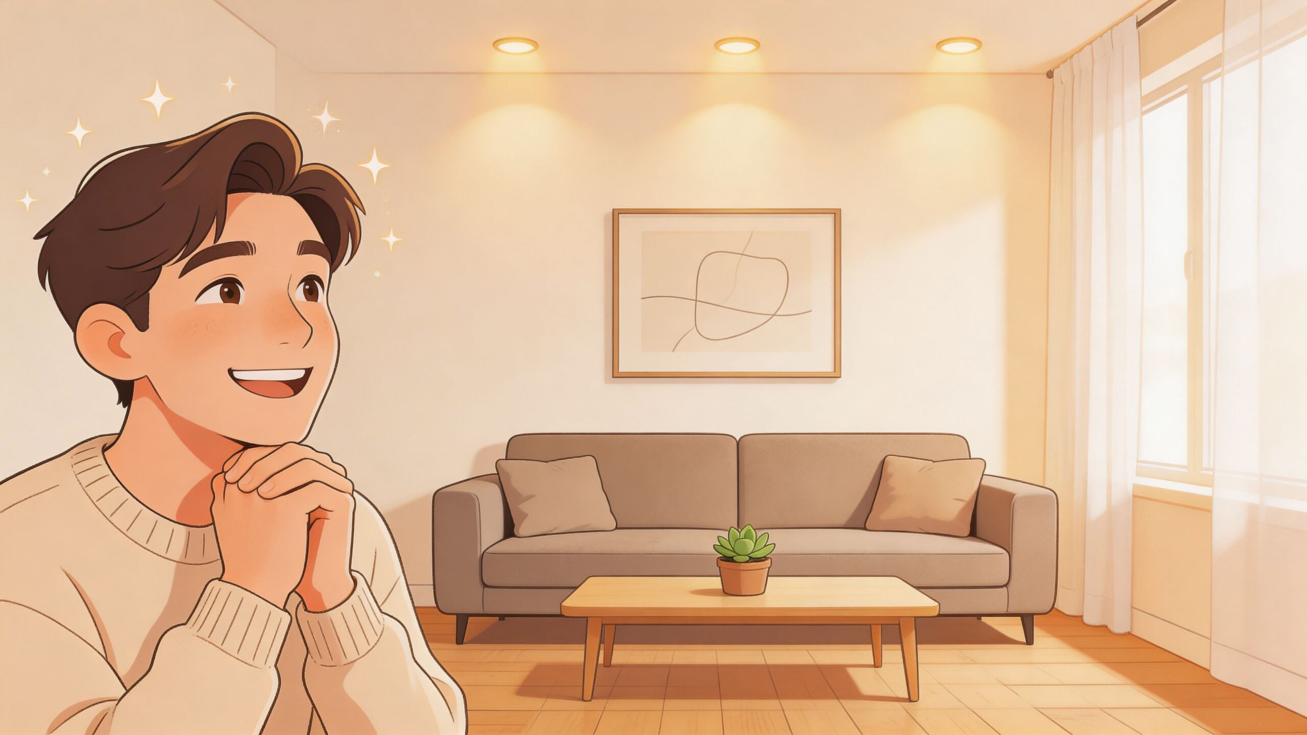 A happy young man looking at a clean and cozy living room furnished with modern decor.