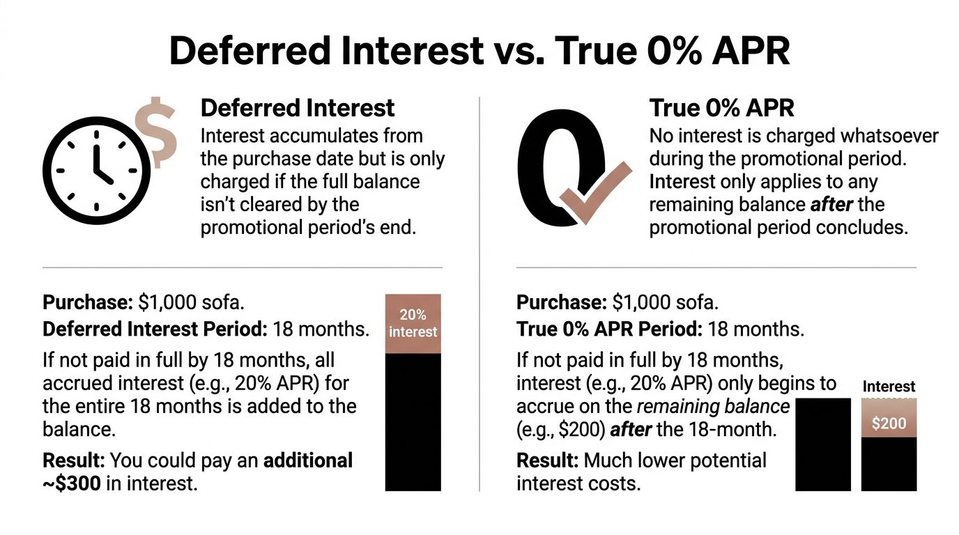 A comparison chart explaining the difference between deferred interest and true 0% APR financing for purchases.
