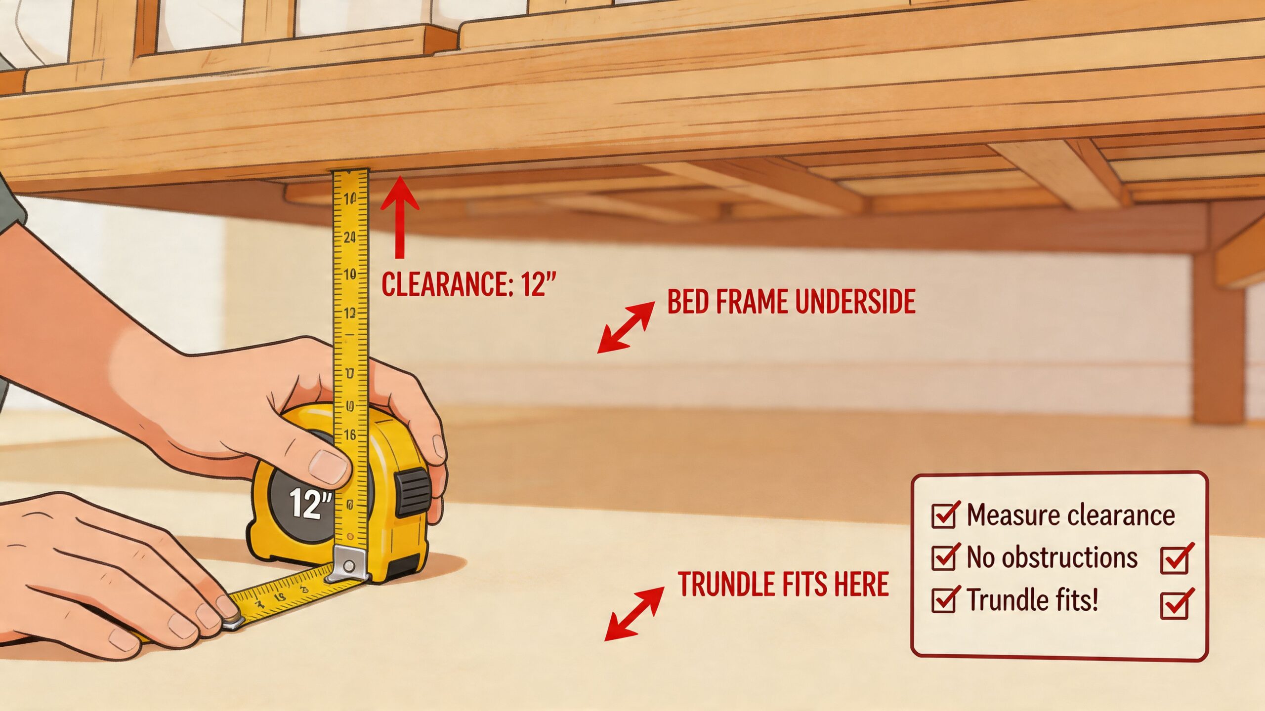 A person measuring the clearance under a wooden bed frame to ensure a trundle bed will fit.
