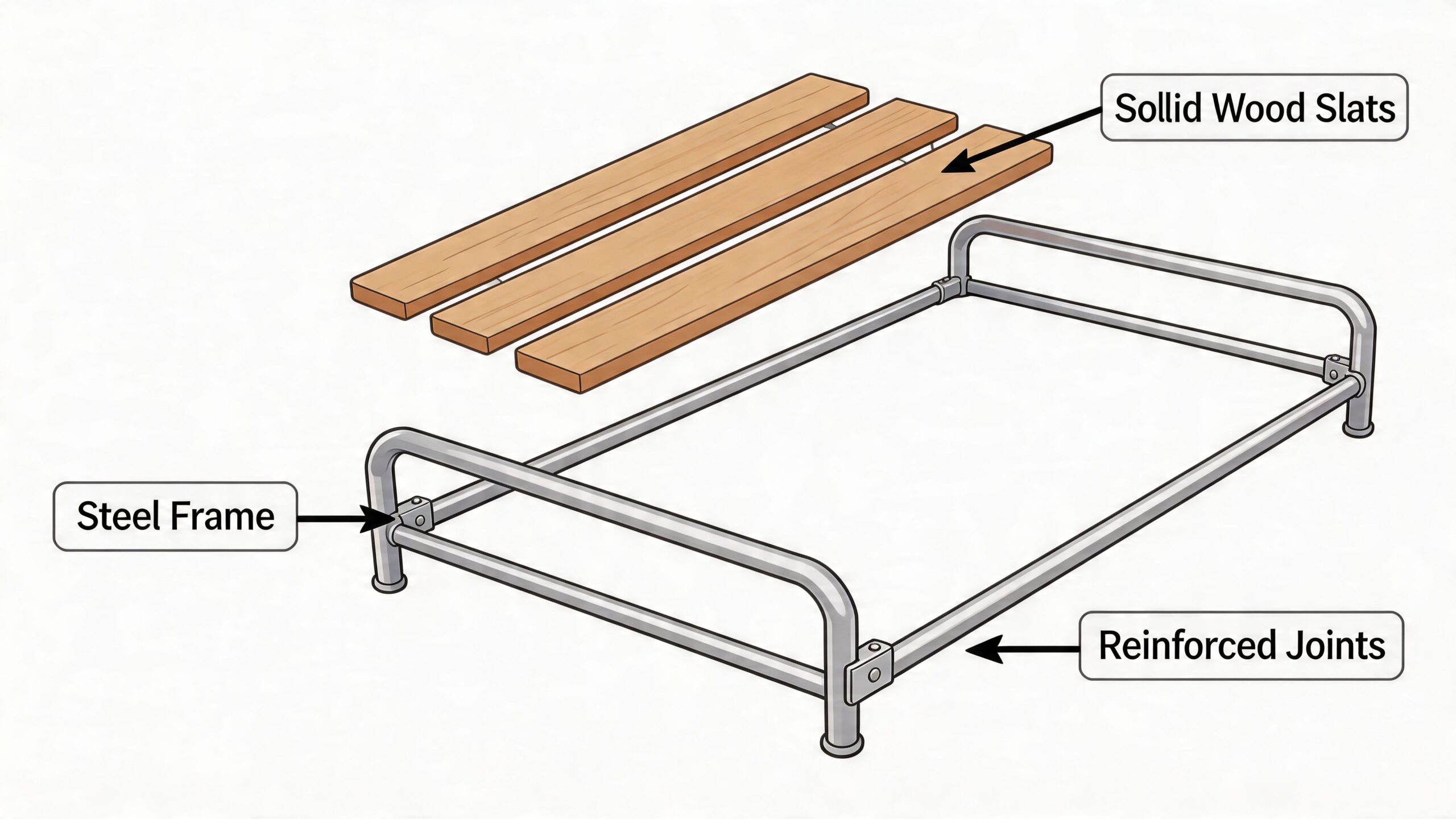 An exploded view diagram showing a furniture assembly with solid wood slats and a steel frame.