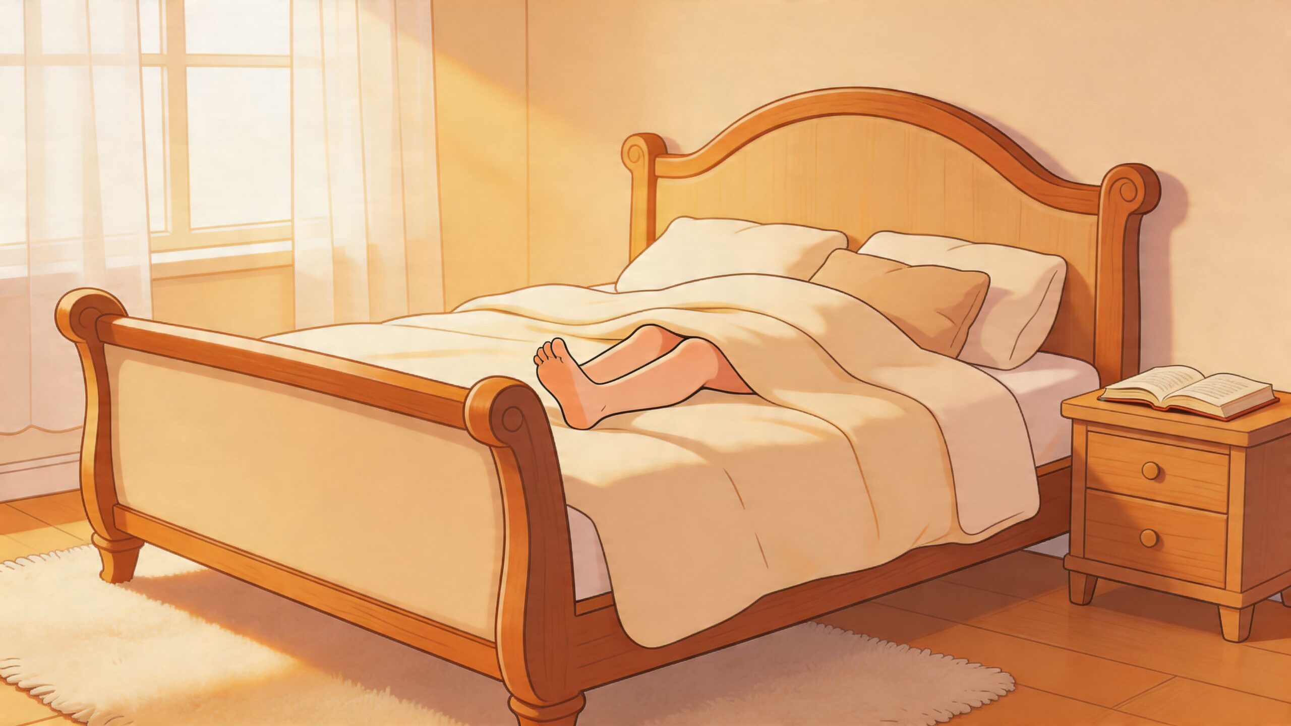 A cozy bedroom scene featuring a queen sleigh bed with a person's feet resting on the bedspread.