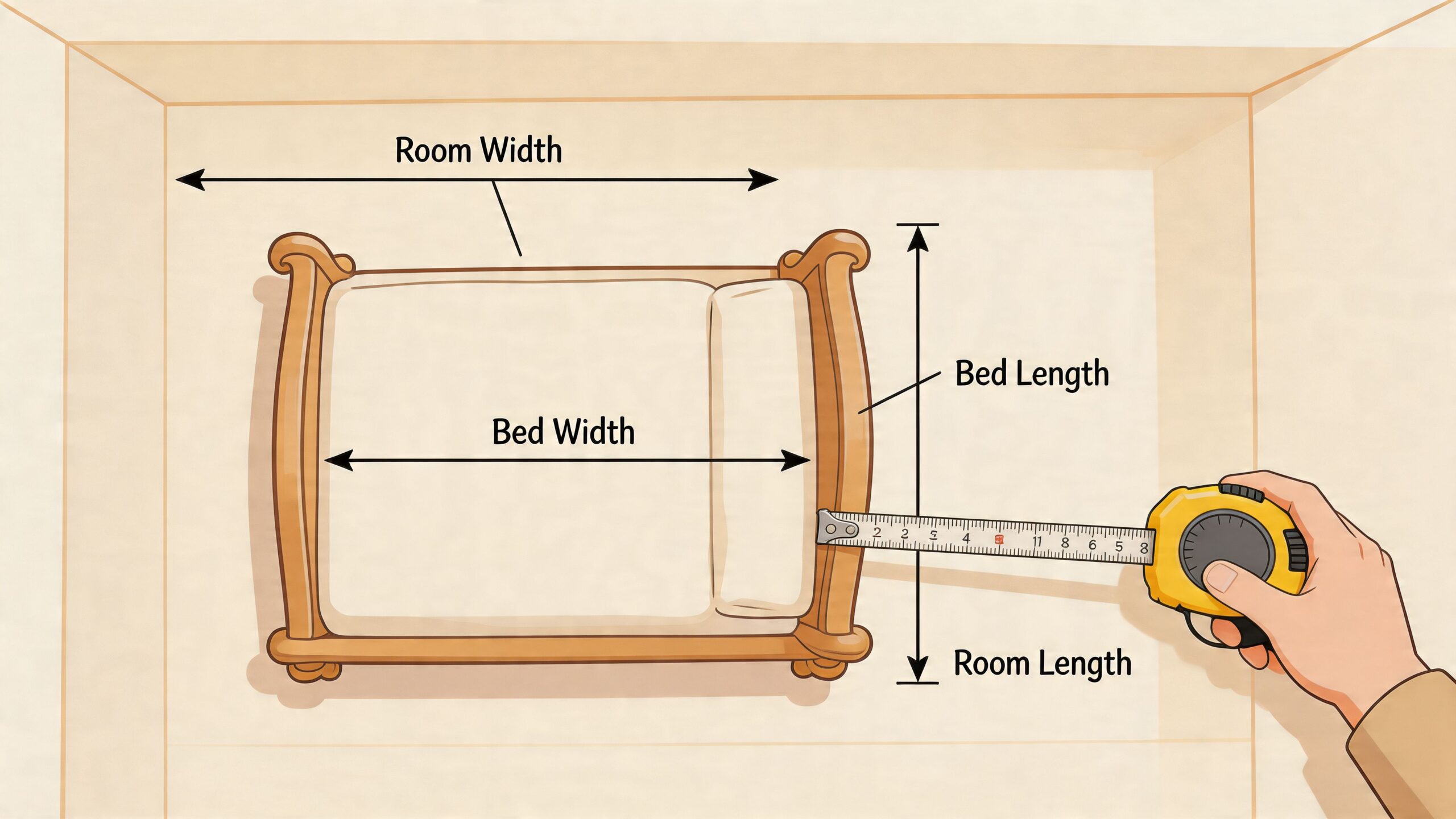 A top-down view illustration showing a tape measure being used to determine the dimensions of a bedroom.